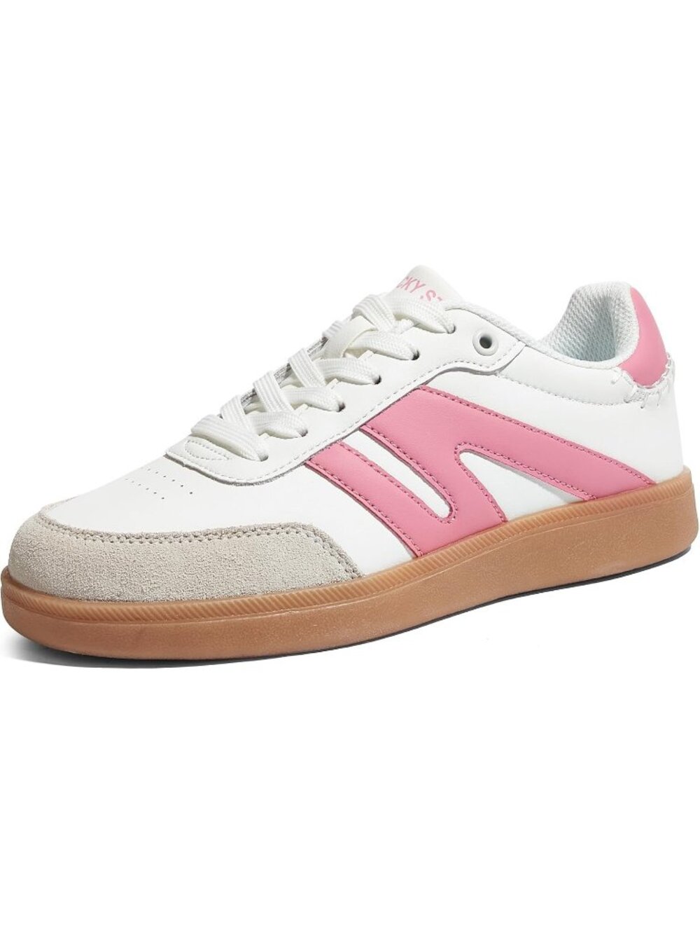 Women's White Pink Leather Lace Up Classic Retro Gum Sole Fashion Sneakers - Picture 3 of 6